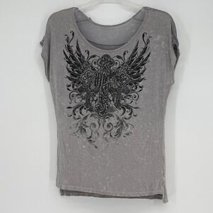 Vintage Affliction Medium Gray Acid Wash Winged Cross Mesh Graphic Shirt Y2K
